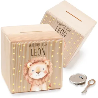 Kidsmood - Personalisierte Spardose Kinder mit Schlüssel aus Holz, Sparschwein Kinder mit Namen als Taufgeschenk, Geburtstagsgeschenk & Einschulungsgeschenk für Mädchen & Jungen - Löwe (10x10 cm)