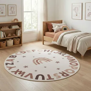 Carpetsale24 Kinderteppich Alphabet Lernteppich rund 200 cm für Kinderzimmer in Creme mit Buchstaben Motiv ideal für große Lern und Spielflächen