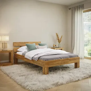 skølm Floki Massivholzbett 120x200 cm aus Eiche - hochwertiges Bettgestell - Bettrahmen mit Bettkopf - Holzbett in Natur geölt - Bett geeignet als Doppelbett - Futonbett Schlafzimmer
