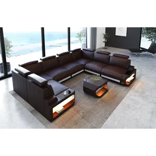 Sofa Dreams Wohnlandschaft Leder Couch Sofa Siena U Form Ledersofa, U-Form Ledersofa Wohnlandschaft mit LED-Beleuchtung und USB braun