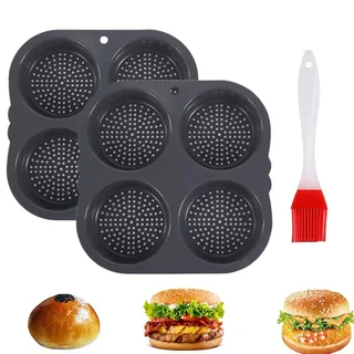 2 Stk Burger Brötchen Blech, Burger Buns Backform Silikon, Mit Grillbürste | Burger Buns Backform, Bunform Für Brot, Muffin Backform, Für Hamburger, Brot, Muffins, Küche Backwerkzeug, 4-Fach