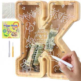 Lakpopya Spardose Kinder Jungen, Personalisiert Holz A-Z Sparschwein | Durchsichtig Buchstabe A-Z Sparbüchse für Kinder Mädchen Erwachsene mit Aufklebern und Filzstift, Taufe Geschenk Dekoration