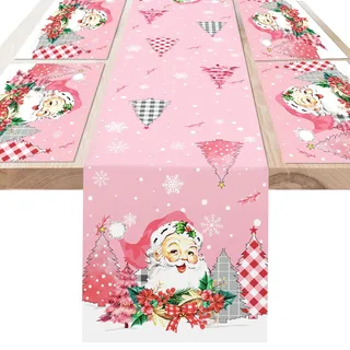 DPKOW Rosa Weihnachts Tischläufer Platzsets, rosa Weihnachtstisch Deko Weihnachtsmann Tischläufer Weihnachten Tischsets Platzdeckchen, Rosa Weihnachten Tischdecke, Weihnachten Esstischdeko Heimdeko