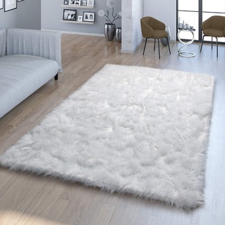 TT Home Wohnzimmer Hochflor Teppich Kunst-Fell Design Versch. Formen Unifarben, In Weiß, Größe:55x160 cm Fell-Form