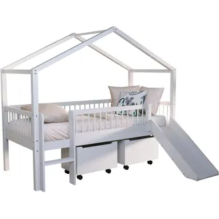 Hausbett VIPACK "Inkl. Dachaufbau, Leiter, Rutsche und Rolllattenrost, Made in Europe", weiß (weiß, weiß, weiß), B:175,8cm H:185cm L:207,5cm, Betten, hochwertig und stabil bebaut, Buche massiv weiß lackiert
