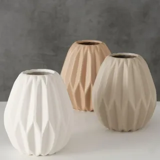 ReWu Deko Vase 3er Set Gemometrisches Design aus Keramik Matt Höhe 13 cm Blumenvase Tischddekoration Modern und Dekorativ Beige