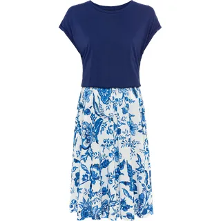 Sommerkleid LASCANA Gr. 38, N-Gr, blau (blau, creme bedruckt) Damen Kleider Strandkleider mit bedrucktem Rock, T-Shirtkleid, Strandkleid