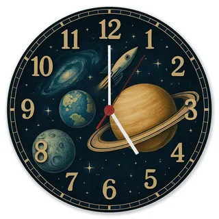 speecheese Sterne Weltraum Raketen Wanduhr aus Alu mit Planeten Motiv lustiges Weltraum-Design für Kinderzimmer und Büro