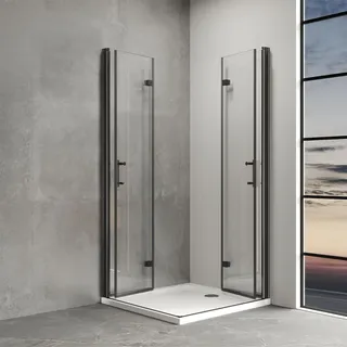 IMPTS Duschkabine 80x100 cm Falttür Eckeinstieg Schwarz Doppel Drehfalttür Duschtüren 180o Eckig Faltbar Dusche Duschwand Duschabtrennung 6mm NANO Sicherheitsglas, Höhe 195cm