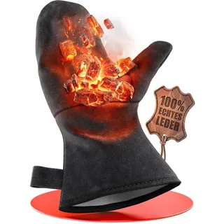 Achilles Kaminhandschuh Mit Wärmeisolierung, Ofenhandschuh aus Leder, Schutzhandschuh, Grillhandschuh, hitzebeständiger Lederhandschuh, schwarz
