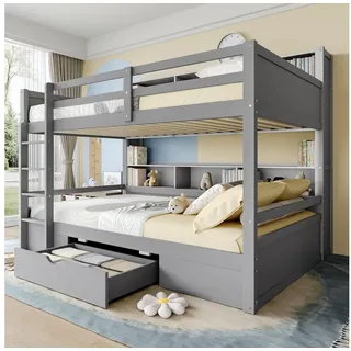 MODFU Etagenbett Hochbett aus Holz (Kinderbett, Gästebett, Jugendbett, mit Stauraum und Schublade), ohne Matratze grau