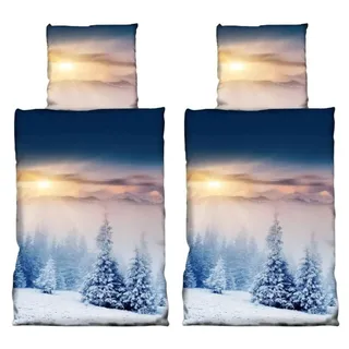 Winter Fleece Bettwäsche 135x200 Flausch Thermofleece Bettbezug Tannen Berge Weinachten 4 tlg