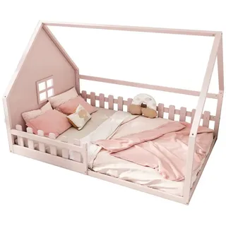 SOFTWEARY Hausbett mit Lattenrost (140x200 cm), Kinderbett mit Rausfallschutz, Kiefer rosa