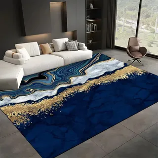 SMXVRC Marineblau Marmor Esszimmerteppich, 70x140cm, Luxus Blau Gold Textur rutschfest GroßEr Teppich, DüNn Kurzflor Gummierte RüCkseite Faltbar Dauerhaft Teppich für Kinder Jugend Kindergarten