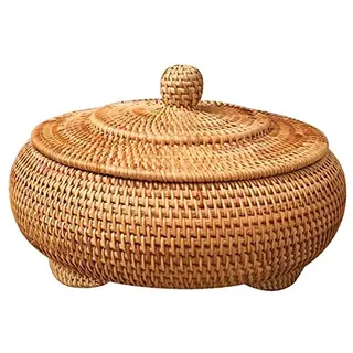 Remingtape Aufbewahrungs Korb Hand Gewebtes Rattan, Gewebt mit Deckel Runde Grund Farbe Chinesischer Schmuck Snacks Tee Service Aufbewahrungs Box