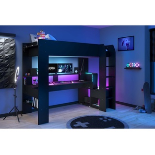 Hochbett Gaming - mit LED-Beleuchtung - Schwarz