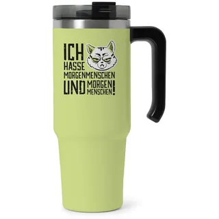 XXL Thermobecher Miesekatze "Ich hasse Morgenmenschen" mit Griff und Strohhalm