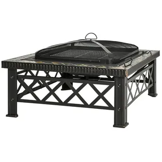 OKWISH Feuerschale Feuerstelle mit Funkenschutz, (3-in-1 Feuerschale Feuerkorb mit Grillrost & Eiskübel für Garten BBQ – Multifunktionale Feuerstelle mit Funkenschutz) schwarz Ø 76 cm x 47 cm