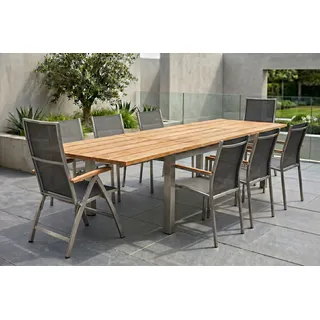 STERN Cardiff Garten-Essgruppe, silber/silbergrau, Edelstahl/Teak, Tisch 220/340 x 100 cm, 6 Stapel-, 2 Klappstühle, FSC®-zertifiziertes Produkt