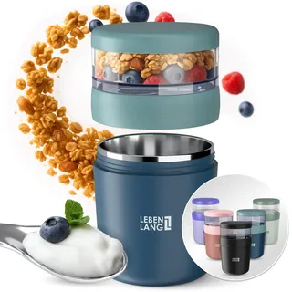 LEBENLANG Müslibecher To Go mit Löffel - Isolierende Edelstahlinnenwand & 650ml I Yogurt Becher To Go Müsli-To-Go Becher I Müslibecher To Go Kinder Brotdose Müsli Müsli Becher 2 Go Cereal On The Go