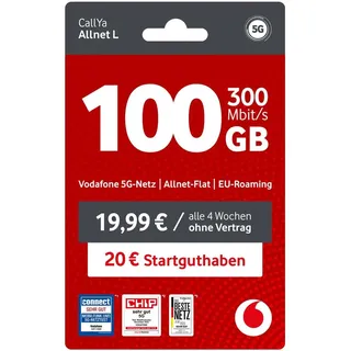 Vodafone Prepaid CallYa Allnet L | 100 GB | 20 EUR Guthaben | ohne Vertrag | 5G | Allnet Flat | EU-Roaming | weltweit nutzbar