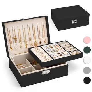 Yarmiene Schmuckkästchen für Damen, 2-schichtige Schmuckschatulle, PU-Leder Schmuckkoffer Schmuckaufbewahrung, Schmuckbox Reise für Ringe, Ohrringe, Armbänder, Ketten für Frauen, Tiefschwarz