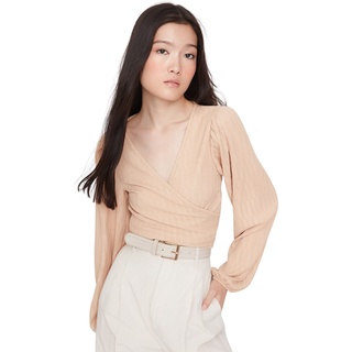 TRENDYOL Damen Figurbetont Standard Asymmetrischer Kragen Gestrickt Bluse, Beige, XL