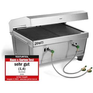 BURNHARD® Camping Gasgrill JONES Edelstahl Klappgrill mit Deckel 2-Brenner | 6,4 kW inkl. Transporttasche mit Rucksackfunktion und Multitool, Faltgrill ideal für Camping
