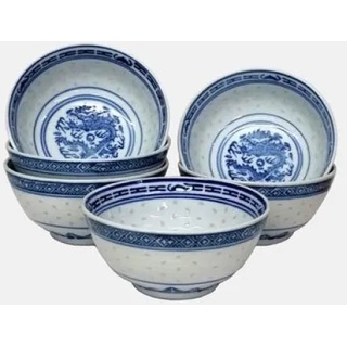 Set of 6 small Oriental Chinese Porcelain Decorated Blue and White Rice Bowls MA by Newquay-Bonsai