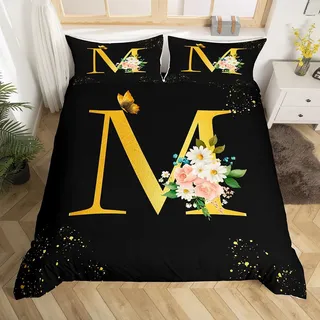 Homemissing Blumen Floral Bettwäsche Set 135x200cm Schmetterling Bettwäsche-Set mit Reißverschluss Alphabet Personalisierte Initial Schwarz Goldener Buchstabe M Bettbezug mit 1 Kissenbezug