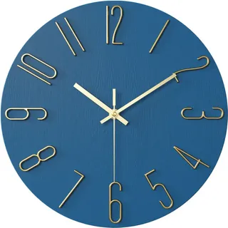 Wanduhr Für Das Wohnzimmer, 12 Zoll (30 Cm), Blau Mit Goldenen Buchstaben