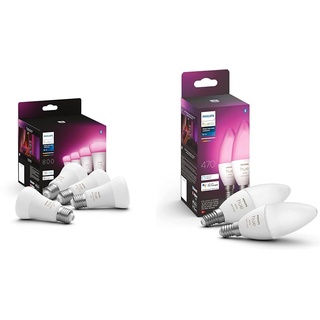 Philips Hue White & Color Ambiance E27 LED Leuchten 4-er Pack & White & Color Ambiance E14 Lampe Doppelpack 2x320lm, dimmbar