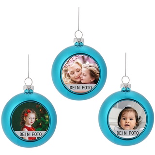 MilyaDE 3 Stück Weihnachtskugeln mit eigenem Bild, Kunststoff innen Glitzer Lametta 6cm, Christbaumkugeln Personalisierte selbst gestalten, Blau