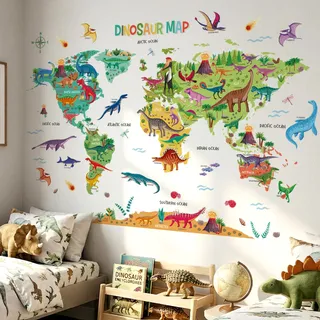 DECOWALL DL3-2415 Dinosaurier-Weltkarte Wandtattoo (Groß 151 x 106cm) pädagogische Cartoon-Aufkleber abnehmbar für Kinderzimmer Schlafzimmer Spielzimmer Heimdekoration Kunst für Jungen