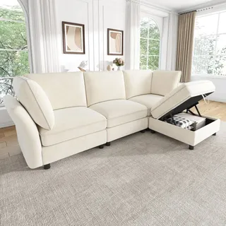 MODFU L-förmiges Sofa Beige,4-Sitzer Ecksofa mit Hocker und Geschwungene Armlehnen,Modulares Sofa,Chenille,für 4–5 Personen - Beige
