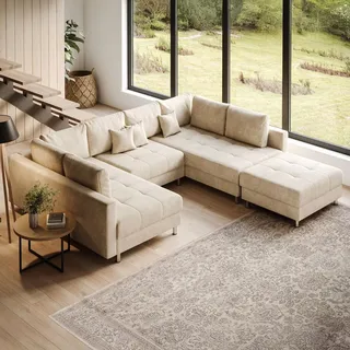 riess-ambiente XXL Wohnlandschaft KENT 305cm champagner beige Samt Hocker Kissen - Beige