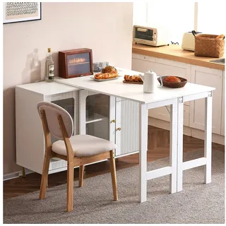 Ulife Sideboard Küchenschrank Esstisch mit 2 Glasschiebetür und 1 Schubladen, mit klappbarem Ausziehtisch 360° drehbar weiß