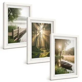 Bilder Set 3-teilig im weißen Rahmen – Wandbilder 3 Stück – gerahmte Poster für Wohnzimmer, Schlafzimmer und Flur – 20x30 cm – See, Wald... - Grün