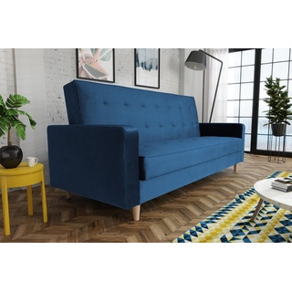 Beautysofa Schlafsofa Bamako, Sofa mit Schlaffunktion und Bettkasten, Polstersofa im skandinavischen Stil, Couch mit Holzbeine blau