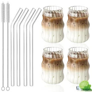 Nizirioo 4er Set Kaffeegläser: 500ml Gläser mit Strohhalmen und Reinigungsbürsten, Riffle Gläser Dessertgläser Teeglas Ripple Kaffeebecher Saftgläser für Whiskey, Bier, Cocktail, Eiskaffee und Eistee