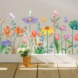 WandSticker4U®- Wandtattoo Kinderzimmer WILDE BLUMEN bunt groß (111x48 cm) I Wandsticker Kinderzimmer Blumen Blumenwiese Schmetterlinge Frühling I Wandaufkleber Kinderzimmer Deko Mädchen Junge XXL