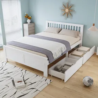 Merax Doppelbett mit Schubladen 140 x 200 cm, Holzbett mit Kopfteil und Lattenrost, einfacher Stil Bettgestell, Kinderbett Jugendbett Erwachsenenbett, Rahmen aus Kiefernholz, Weiß