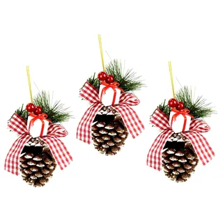 Weihnachtszapfen zum Aufhängen 3er-Set Hängedeko 12cm Weihnachtsdeko Advent | Festlicher Baumschmuck mit Tannengrün, Karoband, Beeren und Geschenkdetail – für Adventskranz, Fenster und Tür