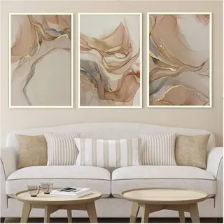 HEHGVCF 3er Set Leinwand Bilder Poster Marmor Beige Gold Abstrakt Marmor Bilder Posters and Prints Art Pictures Home Deko Bilder Beige Rahmenlose (3 Stück,40 x 60cm)