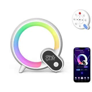 LINTRY Intelligente LED Tischlampe, Wake Up Light Smart Wecker Simuliert, Dimmbare AtmosphäRenlampe Musik Alarm Clock Kalender Uhr Temperatur, APP Steuerung Nachtlicht Mit Bluetooth Lautsprecher