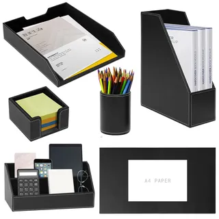 XNONE Büro Schreibtisch-Organizer,Luxus Leder Geschenk 6-teilig,inkl Schreibtischunterlage,A4 Leder Briefablage,Stiftebecher,Zeitschriftenhalter,Postfach,Nachrichtenfach,Schwarz