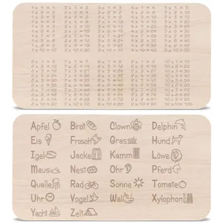 GRAVURZEILE Frühstücksbrettchen mit Gravur - ABC + 1x1 Design im Set - Brettchen für Kinder zum einfachen Lernen - Geschenkidee zur Einschulung für Mädchen & Jungen - 100% Buchenholz - 23x15x1 cm