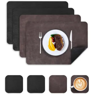 Wanfolle Tischsets Abwaschbar und Untersetzer 4er Set, Tischsets Leder Platzset Abwischbar Doppelseitigen Hitzebeständig Wasserdicht rutschfest Platzdeckchen Lederoptik (Dunkelbraun Schwarz)