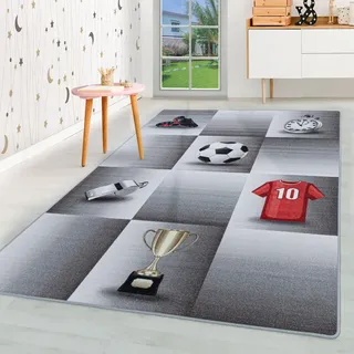 HomebyHome Kurzflor Kinderteppich für Jungen und Mädchen 120 x 170 cm Grau Fussball Design - Waschbarer Teppich Extra Weich und Antiallergen - Teppich für Kinderzimmer, Babyzimmer und Spielzimmer
