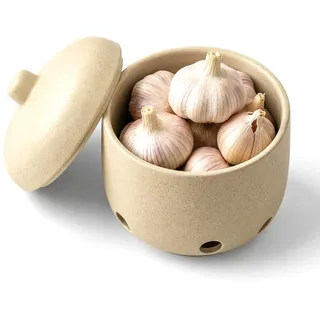 Knoblauchtopf Keramik, Knoblauch Aufbewahrung Knoblauchtopf aus Keramik Belüftete Vorratsdose Vintage Zwiebeltopf mit Deckel Knoblauchbehälter für Küche Knoblauch und Ingwer, Landhaus Stil 10 x 9.5cm